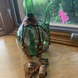 Vintage Green Blown Glass/Leather Decanter 