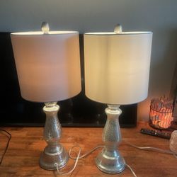 ✨ Elegant Set of 2 Silver Glass Table Lamps w/ Tall Drum Shades - 25” Height ✨  Pickup Location: Durango & 215  Transform your space with this beautif