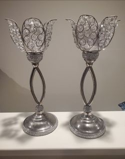 Set of 2 Nanette Lepore 12” Silver Crystal Bling Candle Holders Centerpieces