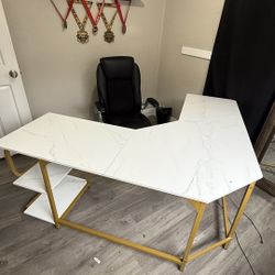 Large White Marble And Gold Desk