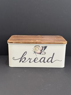 Retro Farmhouse Beige Metal Bread Box w/Butterfly & Wood Lid 