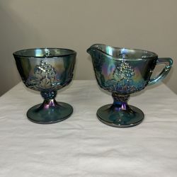  Vintage Harvest Grape carnival glass creamer and sugar bowl set.
