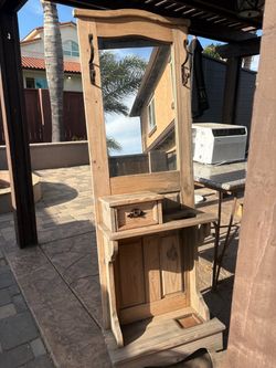Rustic Wood Hall Tree with Mirror