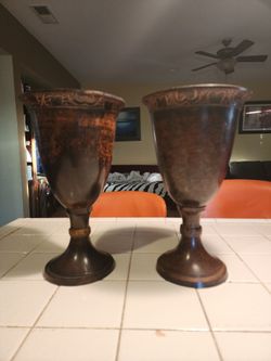 Pair Of Decorative Brown metal Vases Proximity 1 Foot Tall