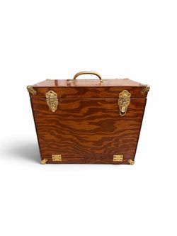 Beautiful Vintage Solid Wood Fishing Tackle Box w/ Brass Hardware & Fold-Out Trays