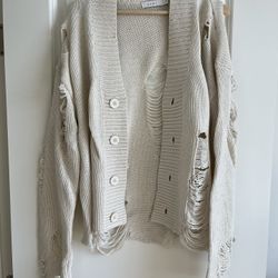 MNML Distressed Cream Cardigan Sweater Relaxed Fit