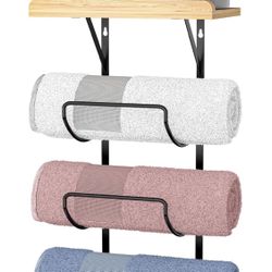 Brand New Wall Mounted Towel Rack with Wooden Shelf and 4 Hooks - Metal Towel Storage Organizer for Bathroom - Pink, Grey