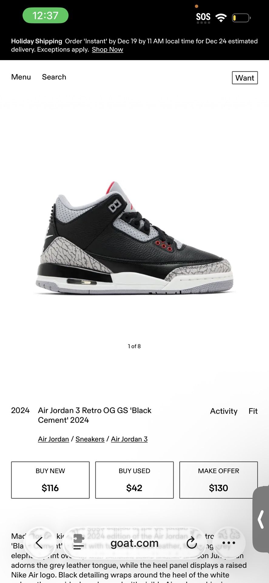 Air Jordan 3 Retro OG GS Black Cement