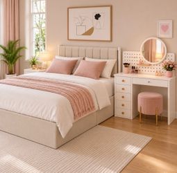 Vanity Desk with Mirror and Lights, Adjustable Color Lighting Bedroom Dresser