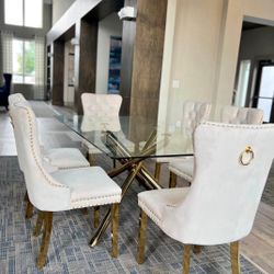 Glass Dining Table ,white Modern Chairs With A Pop Of Gold, Dining Set 