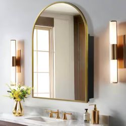 24 in. W x 36 in. H Arched Recessed/Surface Mount Medicine Cabinet with Mirror in Gold