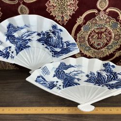 Vintage Asian Porcelain Fans Tripod Trays 
