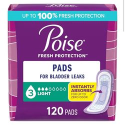 Poise Incontinence & Postpartum Pads, 3 Drop Light Absorbency, Regular Length, 120ct