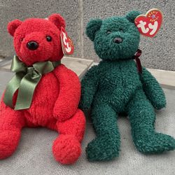 TY Beanie Baby 2001 Holiday Teddy Green Bear & Mistletoe the Red Bear” 2000