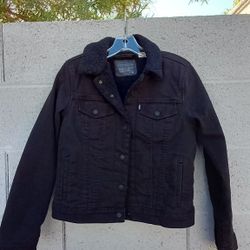 Big Kids Boys Levi Strauss Black Denim Sherpa Lined Warm Coat Truckers Jean Jacket Size Medium 10 12 Very Nice Condition