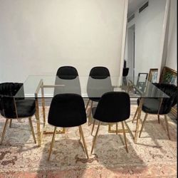 Rectangular Gold Glass Dining Table For 6 People With 6 Velvet Chairs