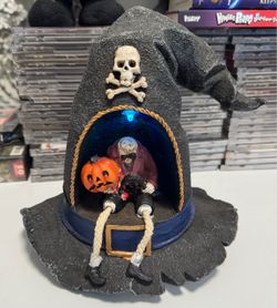Halloween Witch Hat Skeleton Figurine with Blue LED Light – 12.5” Décor