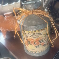Vintage Tin Container With Rustic Bow and Handle Approx 12” Tall Farm Decor $5