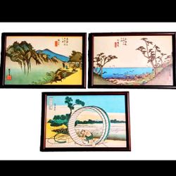 Lot Of 3 Authentic Antique Japanese Woodblock Prints 12 × 8 Framed New