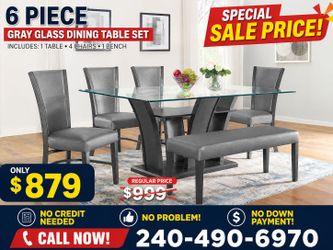 Brand new no credit needed Gray colored glass dining table four chairs and a bench