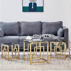 Nest of Table Set of 3 Square Coffee Table with Gold Stainless Steel Frame Dark Glass Tabletop Endin