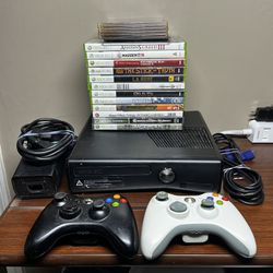 Xbox 360 Slim Black Console 1439 w/ 2 Controllers & Power Supply/HDMI & 18 Video games