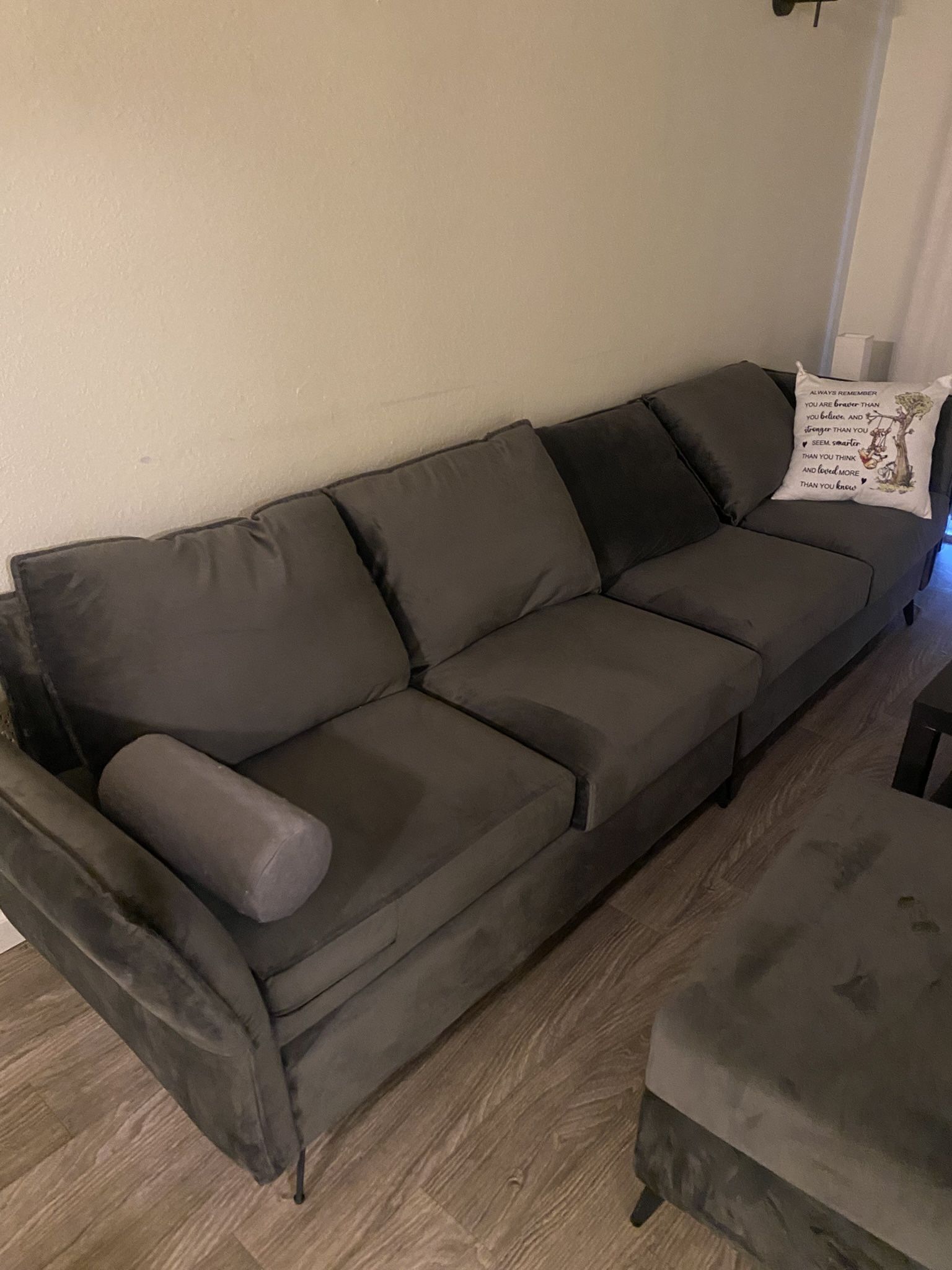 For Sale: Very nice couch with matching footrest — basically brand new. No stains, no smells, and hardly used. Must sell quickly due to an upcoming mo