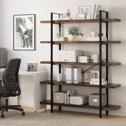 V365-5 Tier Bookcase, 47 Inch Wide Wood Bookshelf, 120lbs Shelf Capacity Estante, Rustic Open Shelving Industrial Display with Reinforced Horizontal B