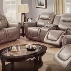 Grey Leather Fully Reclining Three Piece Couch Set 
