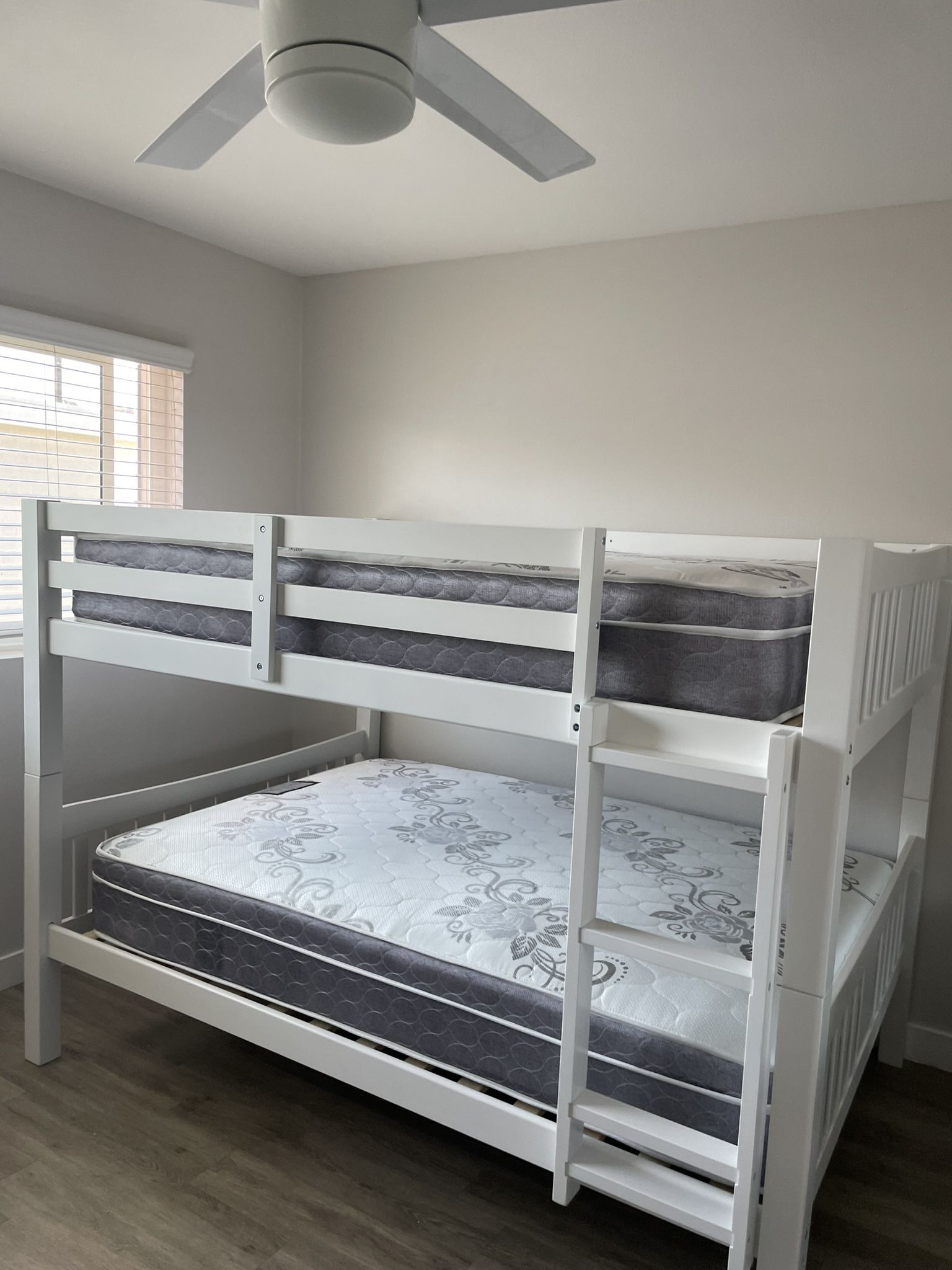 Full over Full bunk bed. Dark walnut,grey & white-$499. Full mattresses -$125.00 each. Assembly not included. Taxes included. Free delivery. Se habla