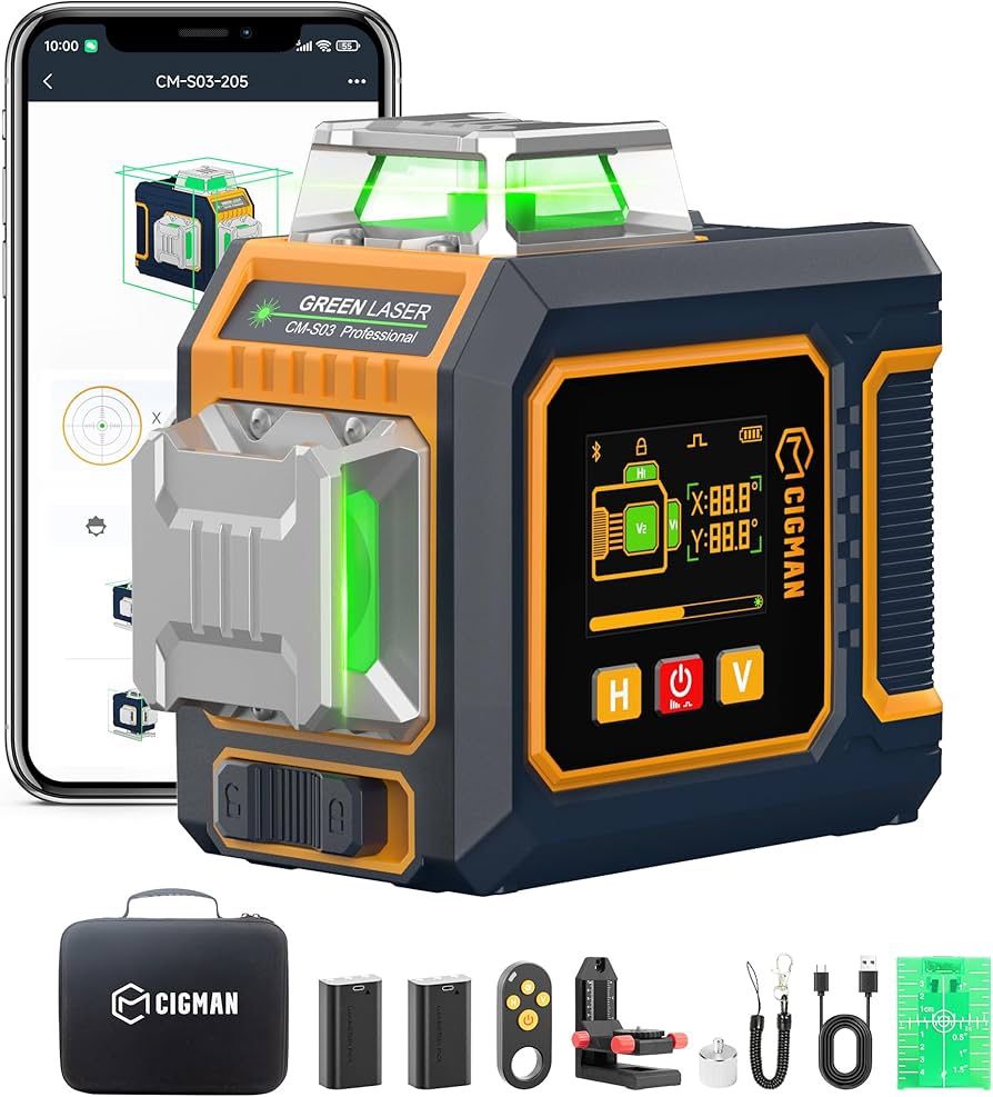 Green Laser Level, 3x360° Side LCD 12-Line Self-Leveling, Bluetooth App Remote, Pulse Mode for Receiver, ±1/8 in. at 33 ft Accuracy, 2x Li-ion