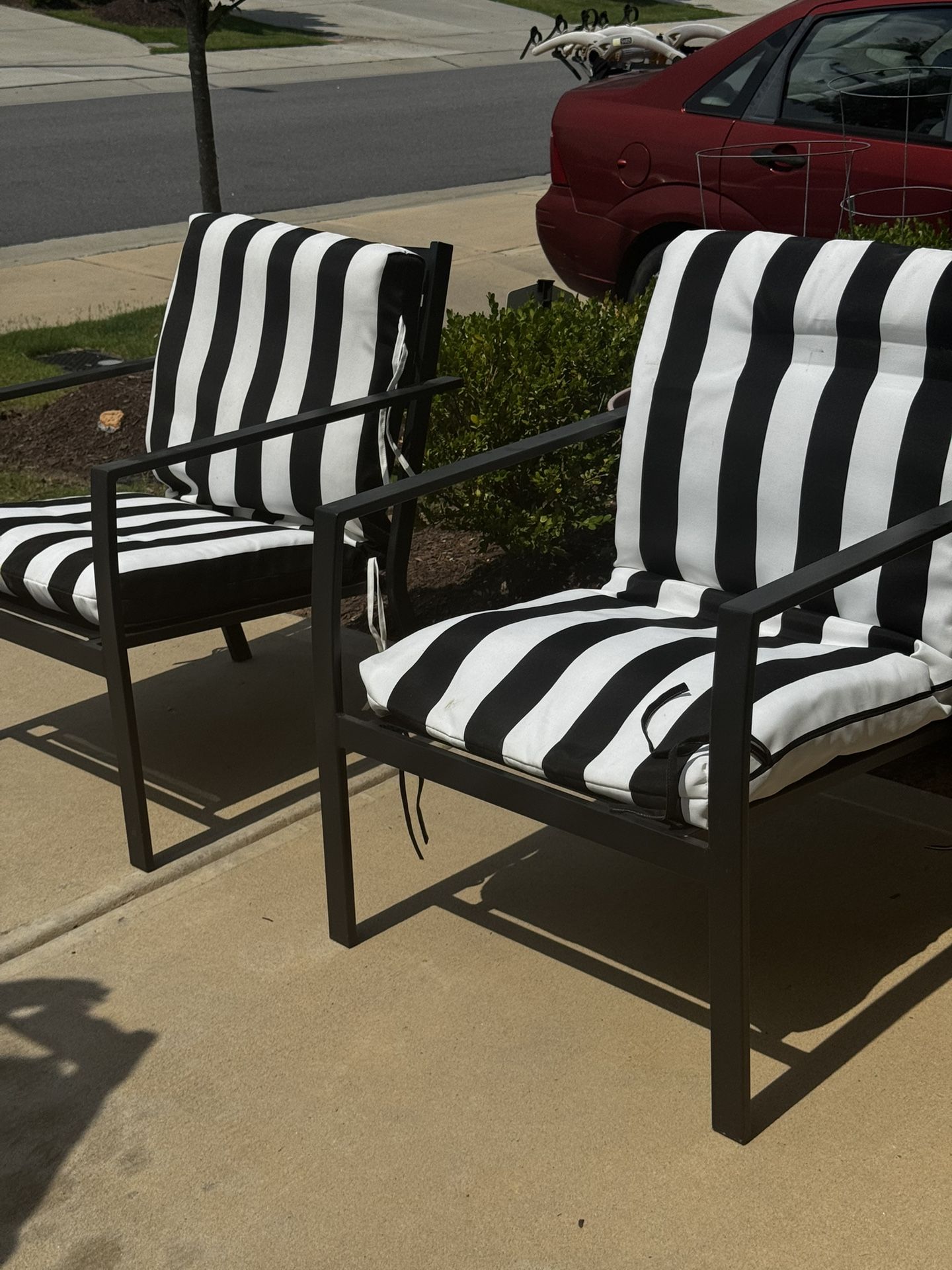 Outdoor Patio Chairs with Cushions β Black & White Stripes (Gently Used) | $50 Each