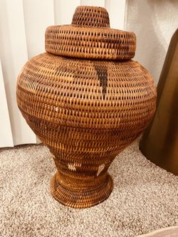ANTIQUE HAND WOVEN 15.5” Tall Philippine COIL BASKET WITH LID African Tribal