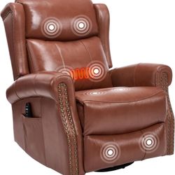 Genuine Leather Swivel Rocking Recliner Chair for Adults, 360° Swivel Glider Rocker with Heat & Vibrating Massage, Lounge Chair for Living Room, Bedro