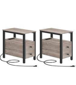 Set of 2 End Tables with Charging Station, Narrow Side Table with Drawers & USB Port & Power Outlets, Nightstand for Small Spaces, Living Room, Stable