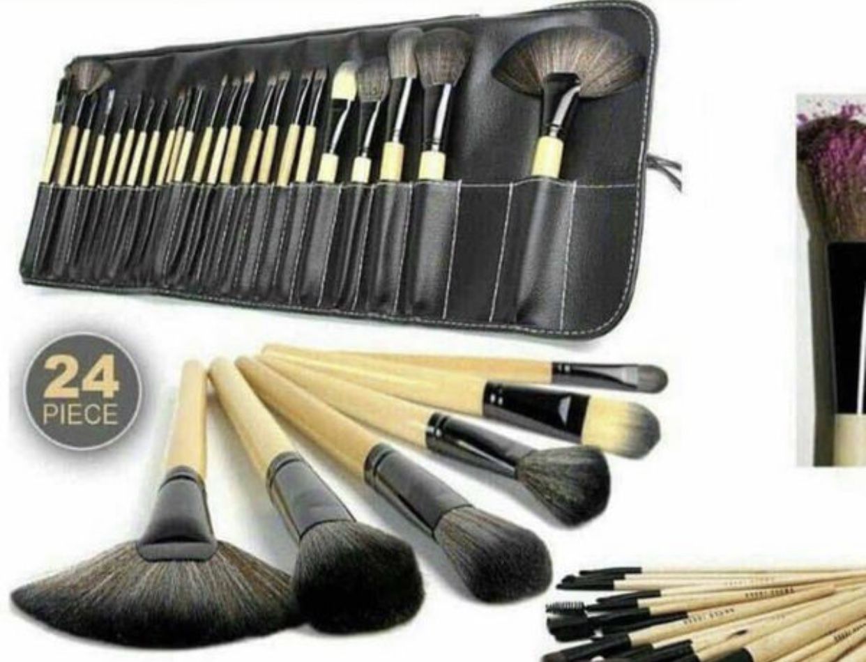 New 24 makeup brushes with leather brushes carrying case and holder