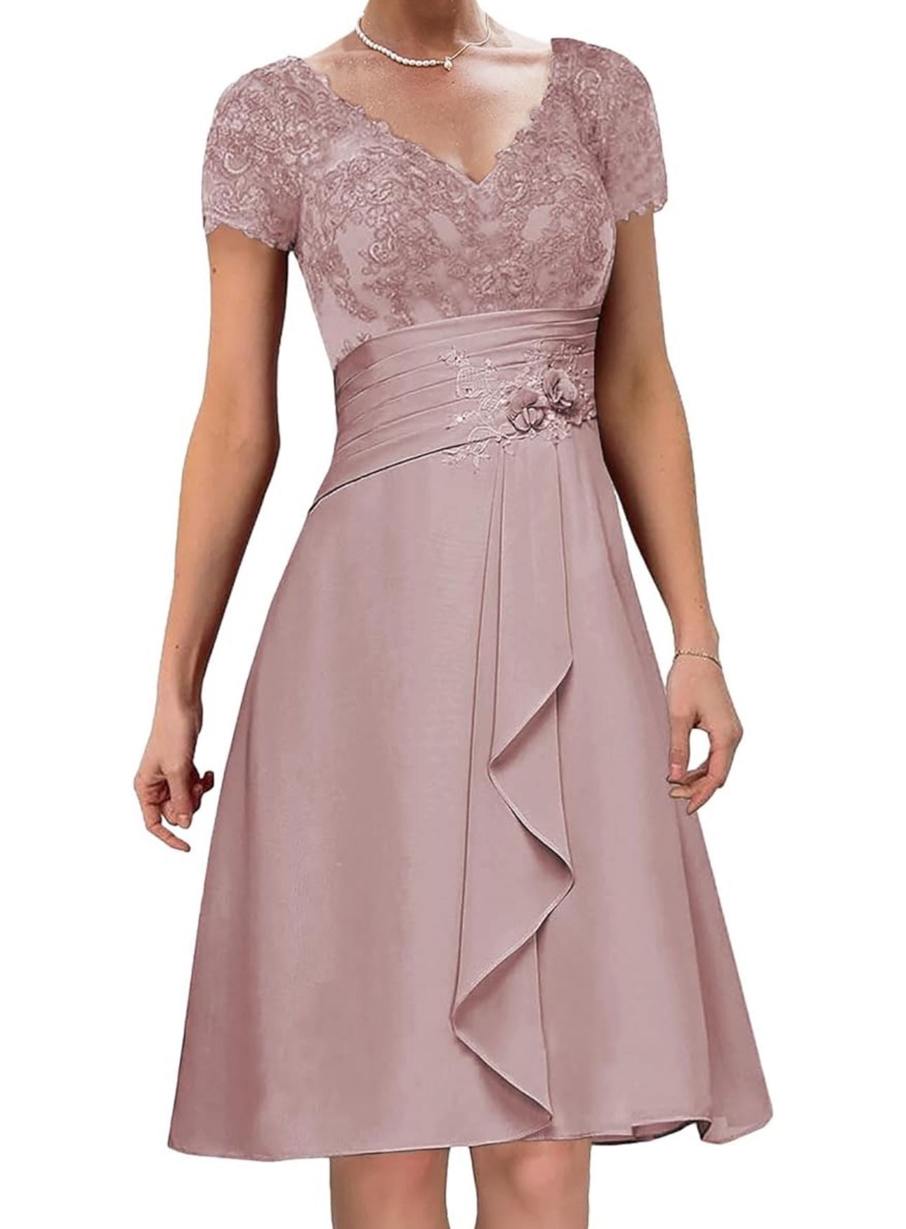 Wedding Guest Dress with Sleeves Chiffon Lace Size 10 Color Dusty Rose/Pink
