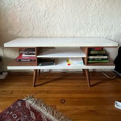 MCM Media Console and TV Stand - Warm Wood and White Lacquer - 4 Shelves