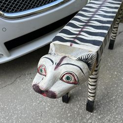 Vintage Tiger Hand Painted Carved Motif Wood Bench 1950s. Rare. Collectible