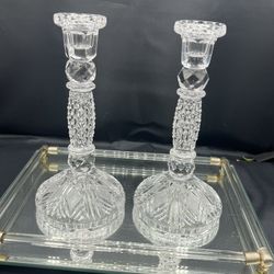 VTG Elegant Crystal Diamond Cut 8.25" Pair of Candlestick Holders EUC   Elegant pair of 8.25” Crystal Candlesticks, featuring intricate cuts and a tim