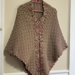 Vintage Handmade Crochet Poncho – Brown with Green & Rose Accents, 35” Length