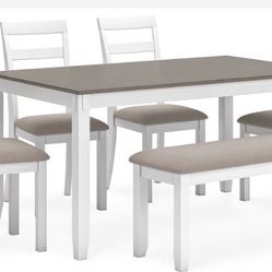 Stonehollow White/Gray Dining Table and Chairs with Bench (Set of 6)