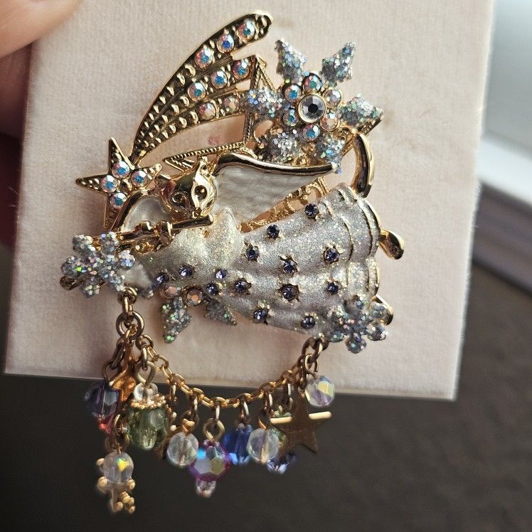 Kirks Folly Angel Cat Beaded Glitter Pin Brooch 3" Crystals Charms Rhinestones Collectible Animals Cats Pets Gold