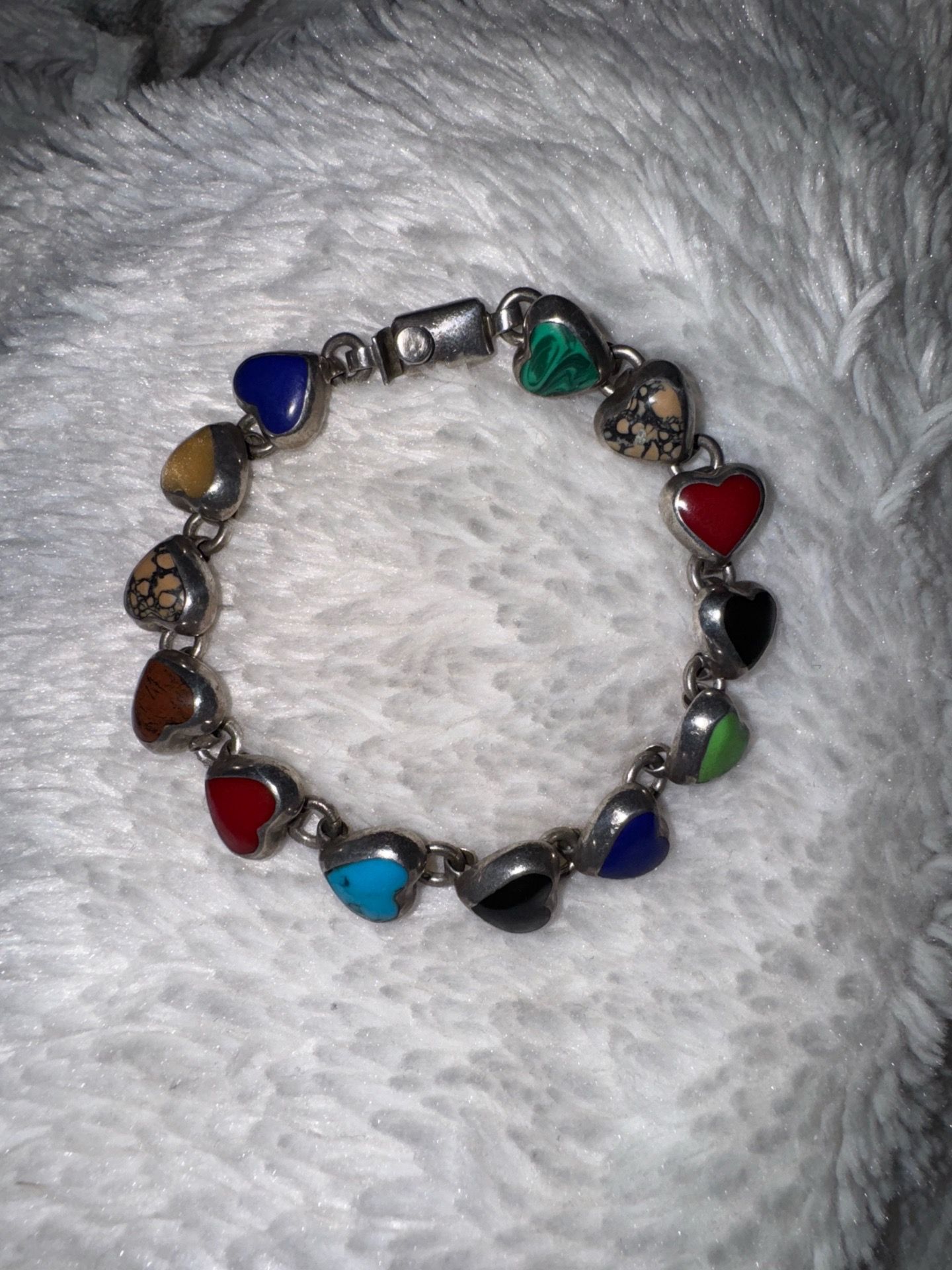 Vintage Taxco Sterling Silver 27g Gemstone Heart Link Bracelet, 7"