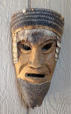 Vintage Mexican Oaxacan Carved Wood Ritual Dance Mask Armadillo Hide Hair Taxidermy