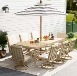 EGEIROSLIFE AluLux 9-Piece Beige Aluminum Outdoor Dining Set with 8-Swivel Dining Chairs and Washable Beige Cushions