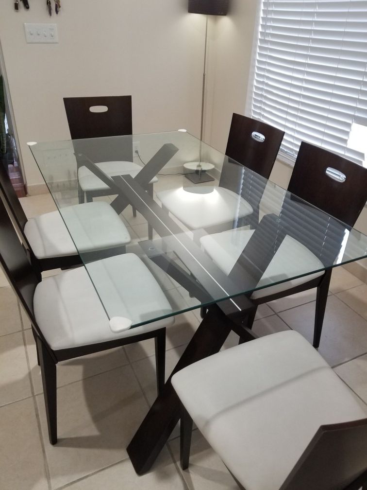 Dining room set(6 chairs) Dark brown with glass top table