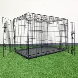 New in box $65 Folding 42” Dog Cage 2-Door Pet Crate Kennel w/ Tray 42”x27”x30”