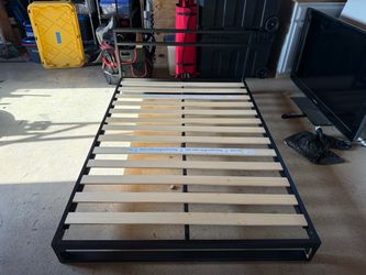 Queen Sized Black Metal Bed Frame with Wood Slats