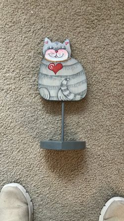 Hand Painted Gray Cat On Heart Shaped Stand